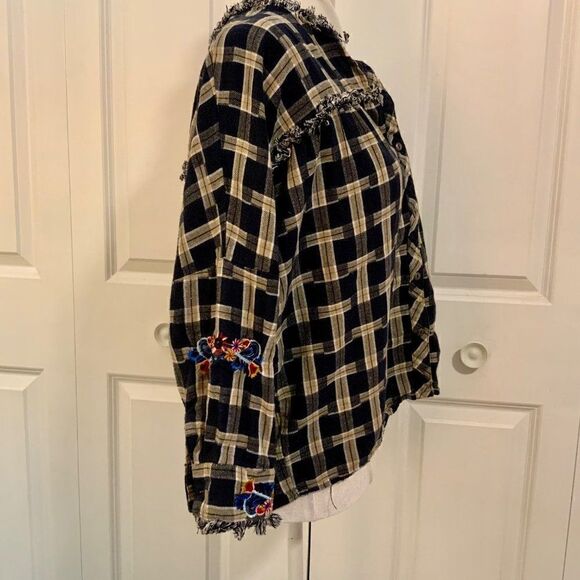 Sweewe Paris Blue Plaid Embroidered Sleeve Fringe Cropped Sleeve Cotton Top Sm - Picture 8 of 11